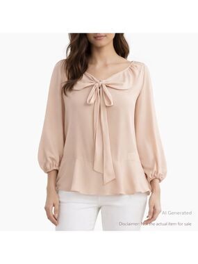 Max Studio L Blush Tie-Neck Peplum Blouse Romantic Feminine